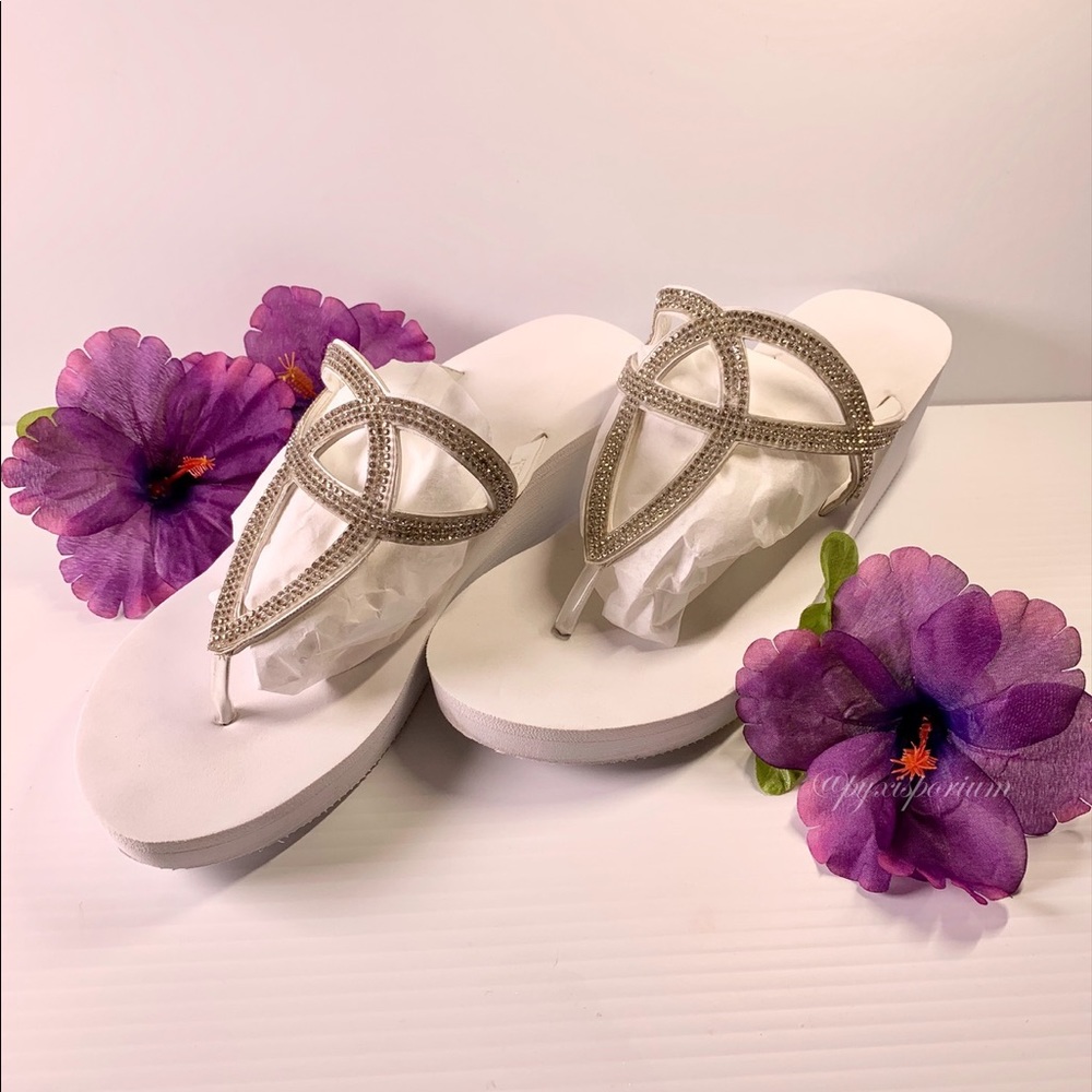 White Rhinestone Wedge Slippers
